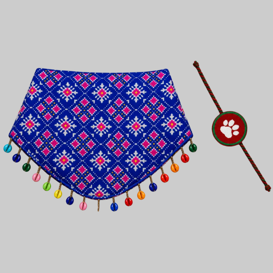 Blue Ethnic Dog Bandana with Paw Rakhi