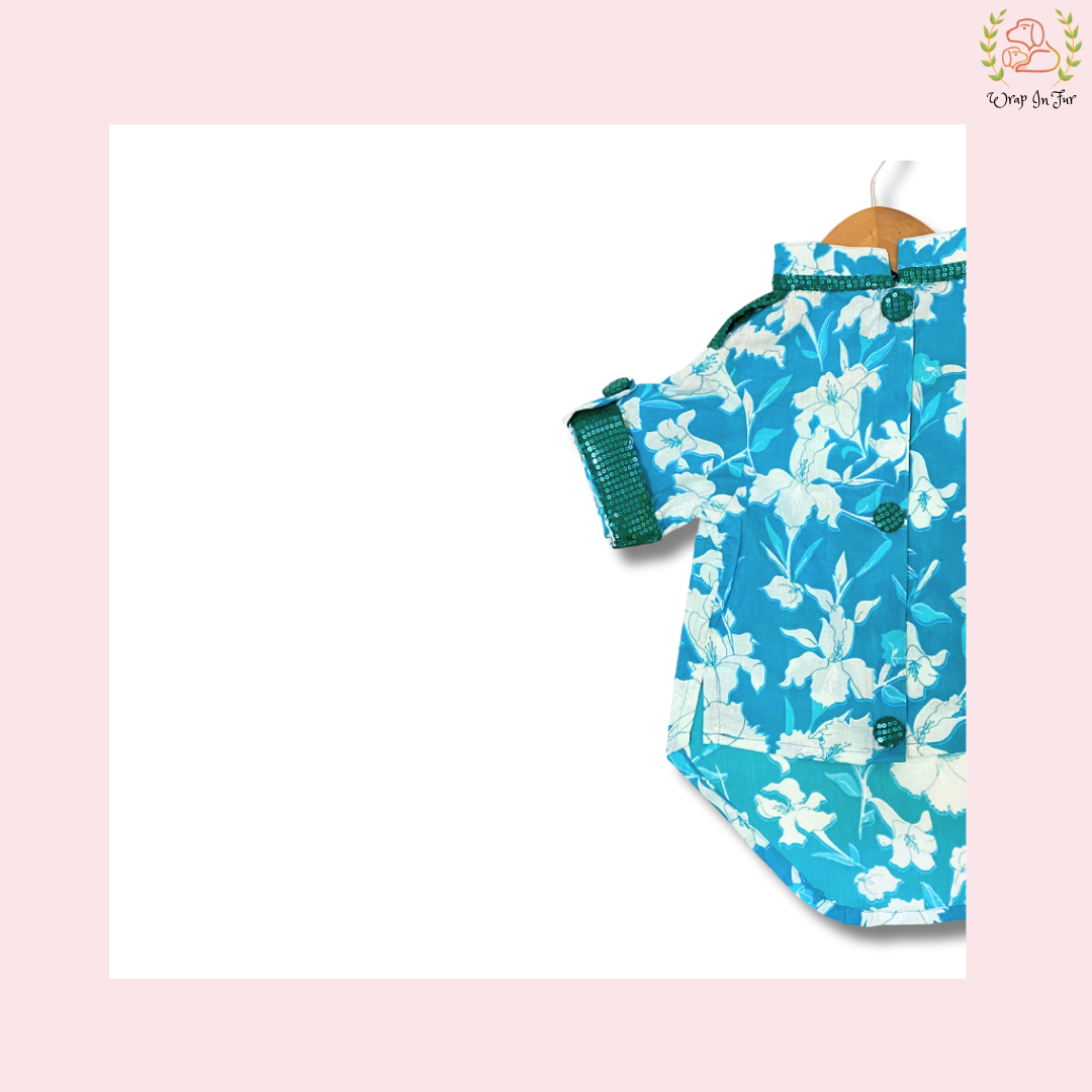 Blue Floral Dog Kurta - Sequined Indian Dog Ethnic Wear Dress