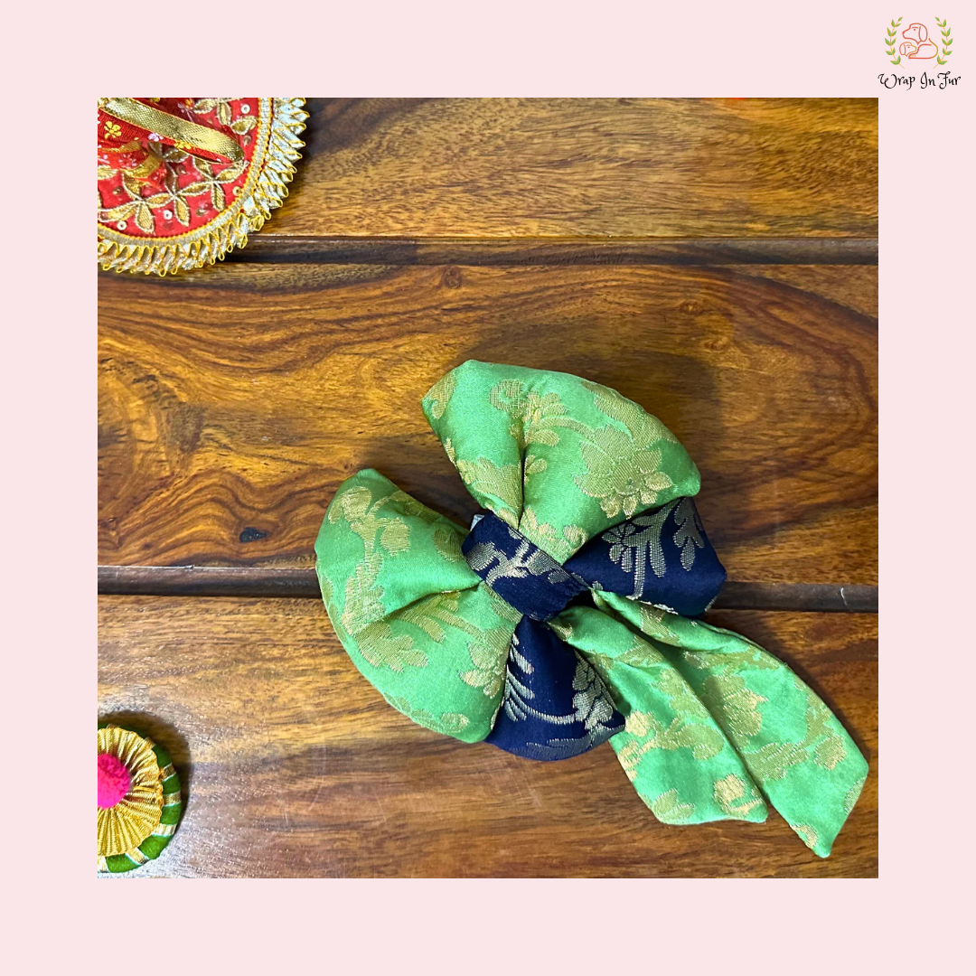 Blue Green Festive Bow - Luxury Brocade Dog Hair Bow Accessory