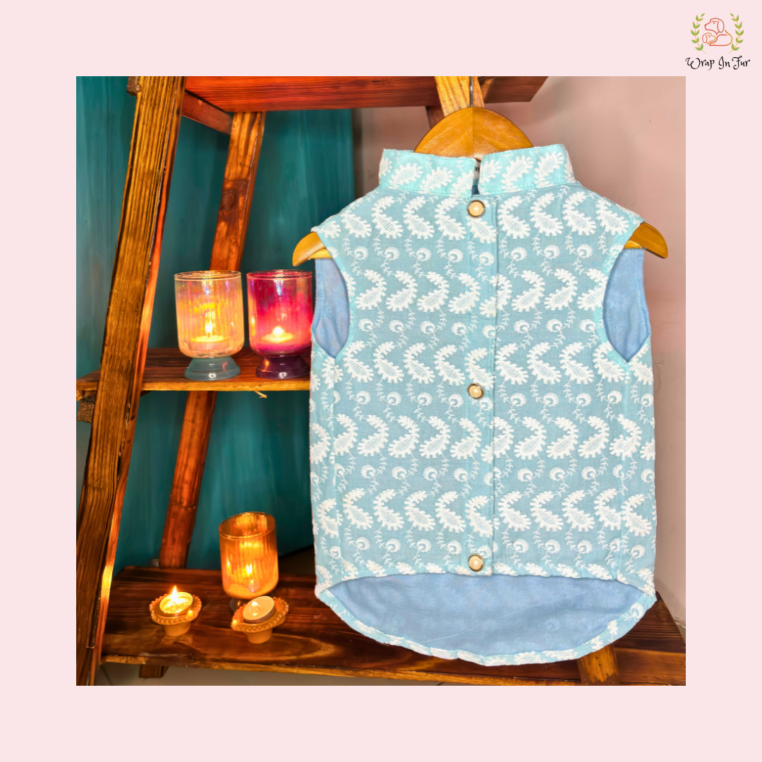 Blue Paisley Embroidered Nawab Dog Kurta - Indian Dog Ethnic Wear Dress
