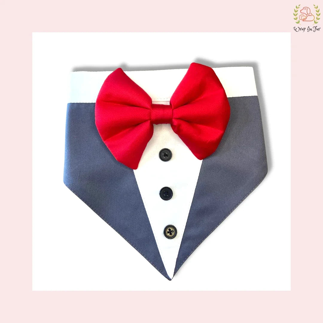 Buy Grey dog tuxedo bandana with red bow