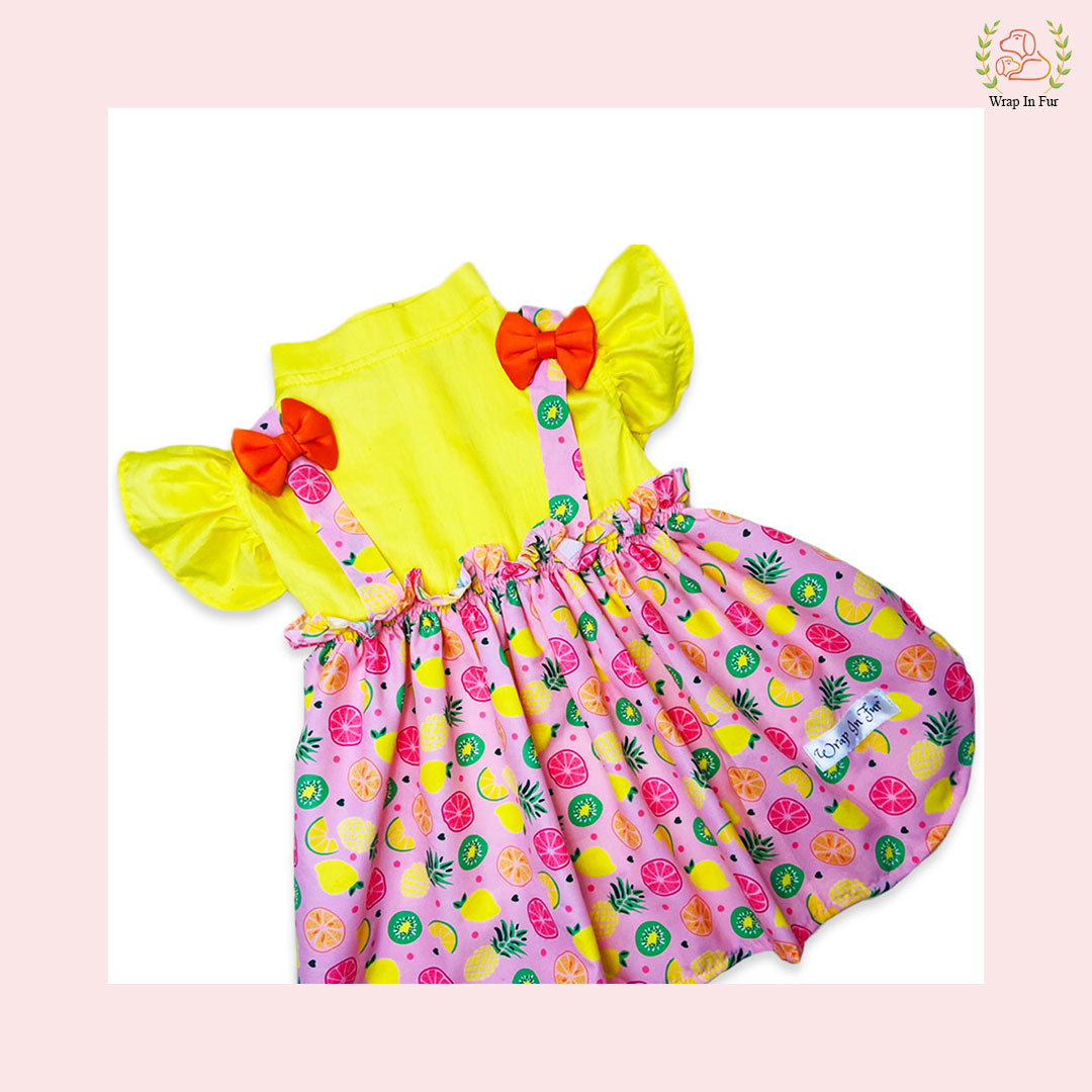 Fruity Print Summer Dog Princess Dress - Yellow Cold Shoulder Frock