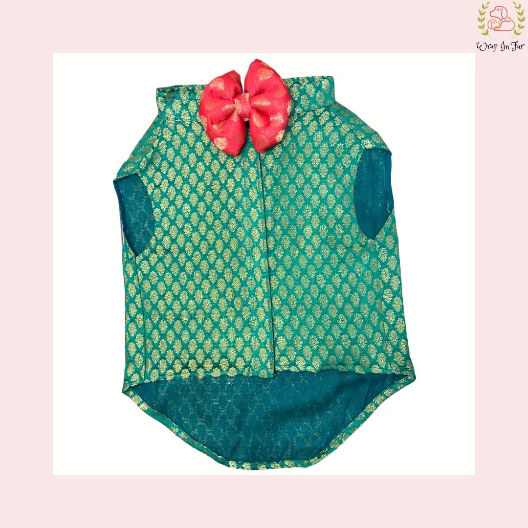 Green festive dog jacket with bow