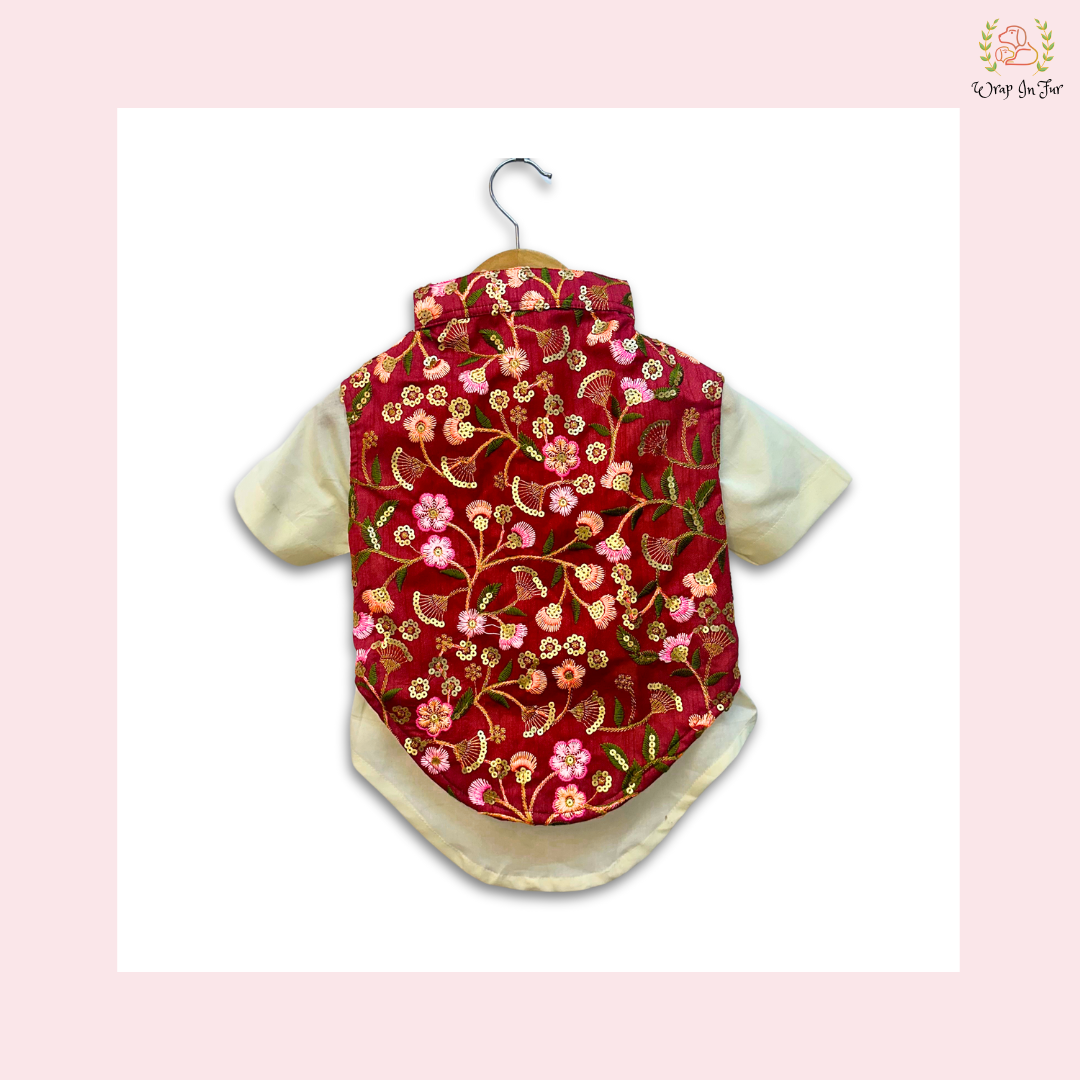 Maroon Floral Cream Kurta Jacket Set
