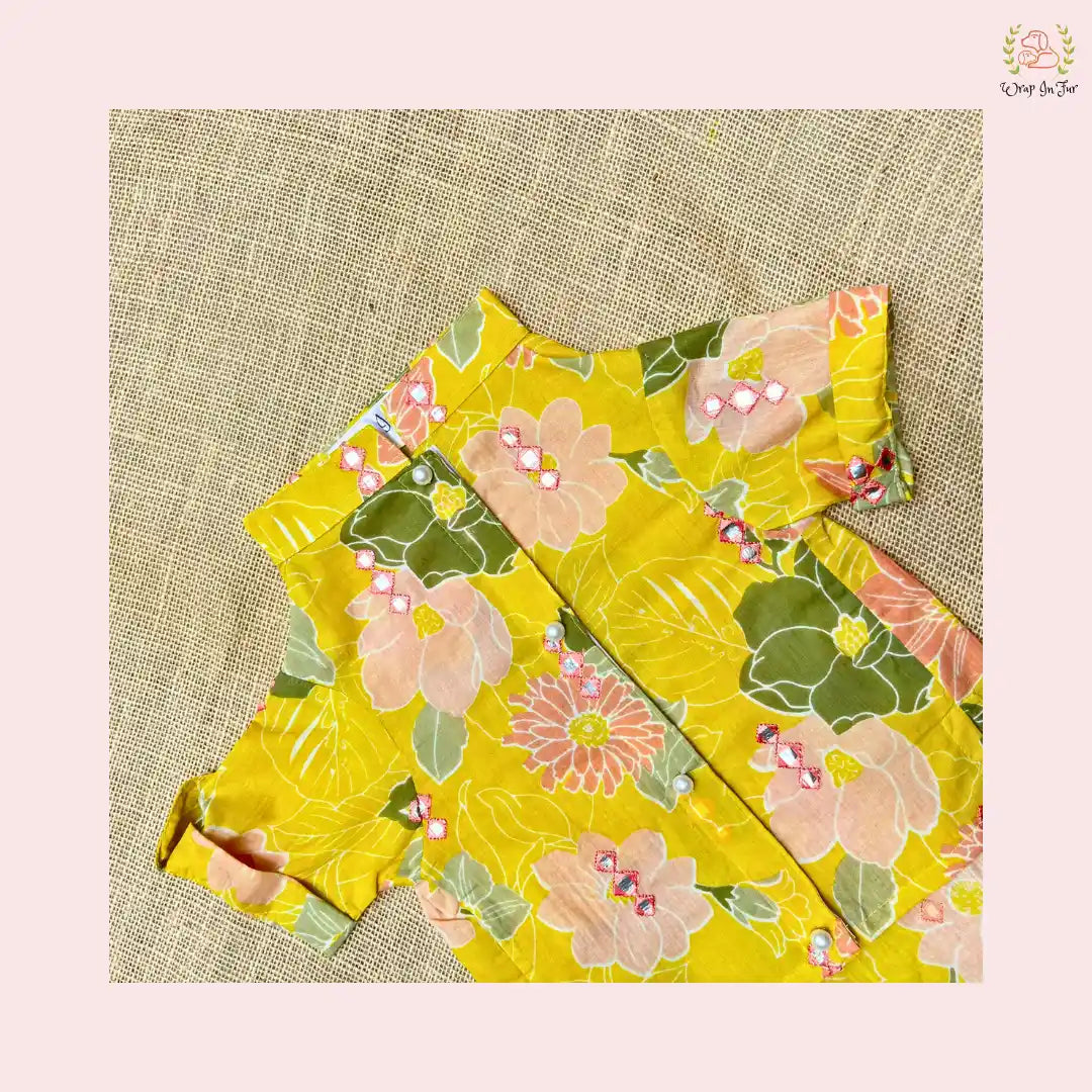 Mustard Floral Dog Kurta Shirt - Designer Indian Dog Ethnic Wear