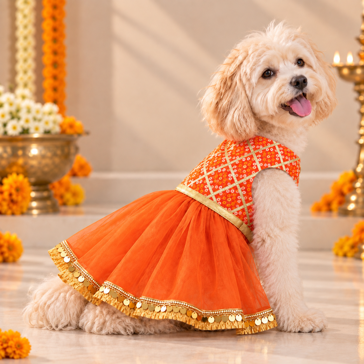 Orange Bandhani Gota Dog Dress