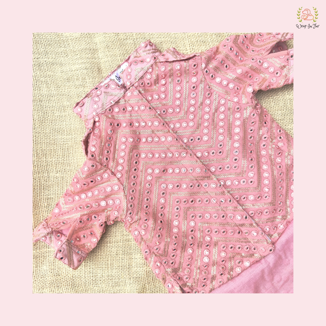 Pastel Pink Embroidered Dog Kurta Set with Teal Dupatta - Ethnic Wear