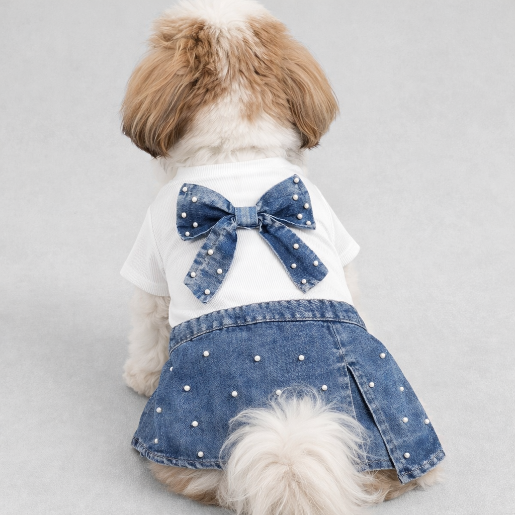 Pearl Bow Denim Dog Dress