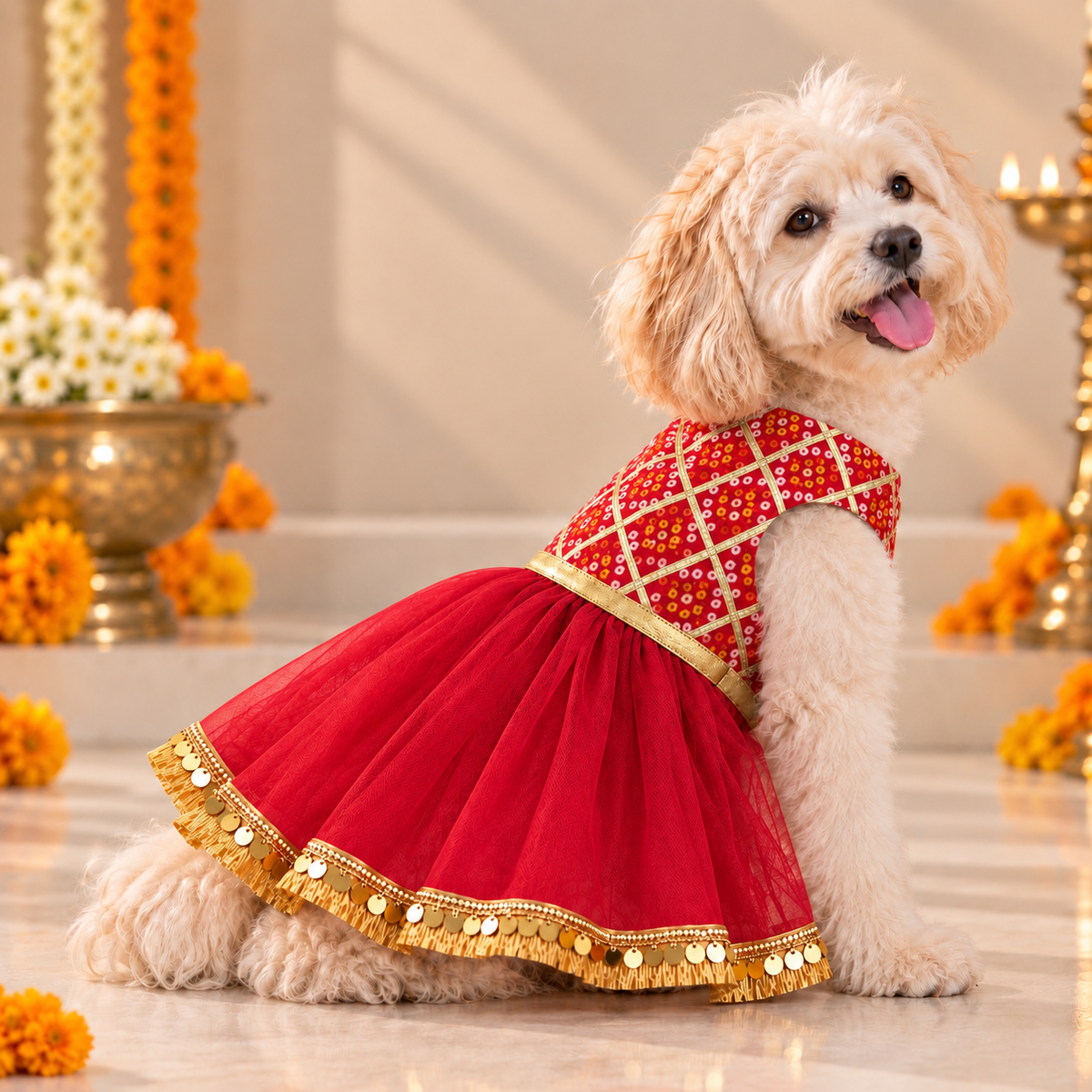 Red Bandhani Gota Dog Dress