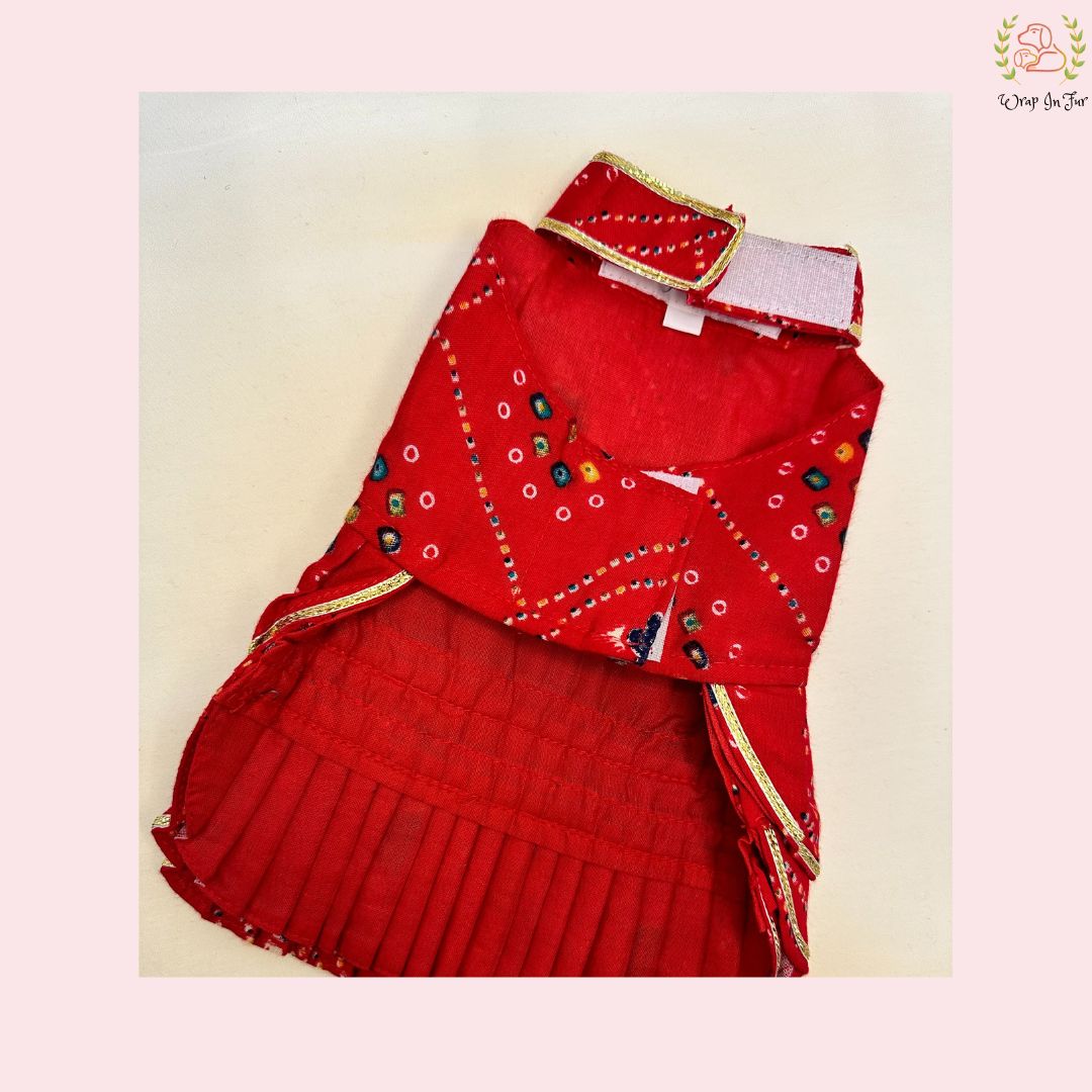 Red Bandhani Dog Princess Dress | Premium Dog Wedding Outfit