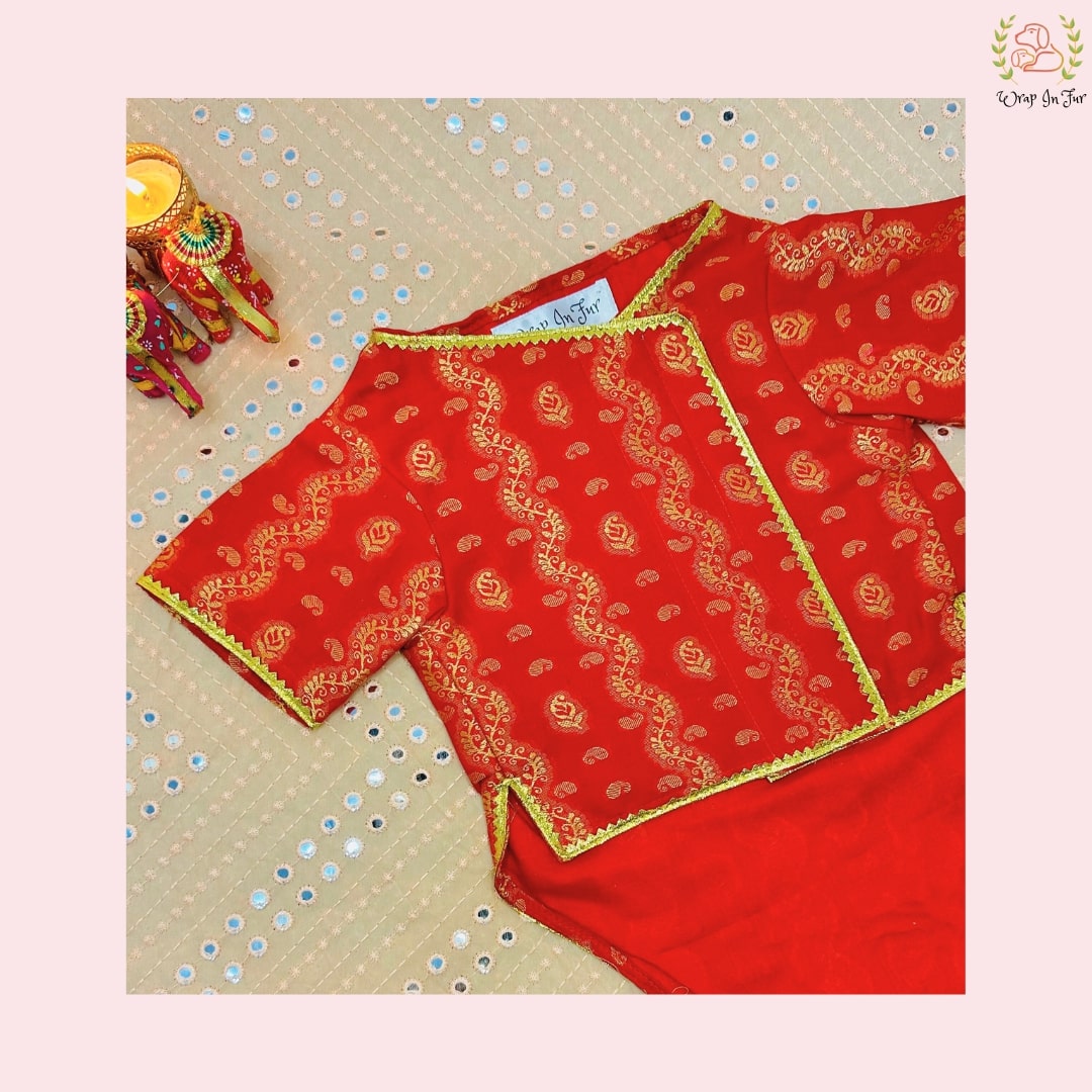 Red & Gold Paisley Dog Angarkha Kurta - Premium Indian Dog Ethnic Wear