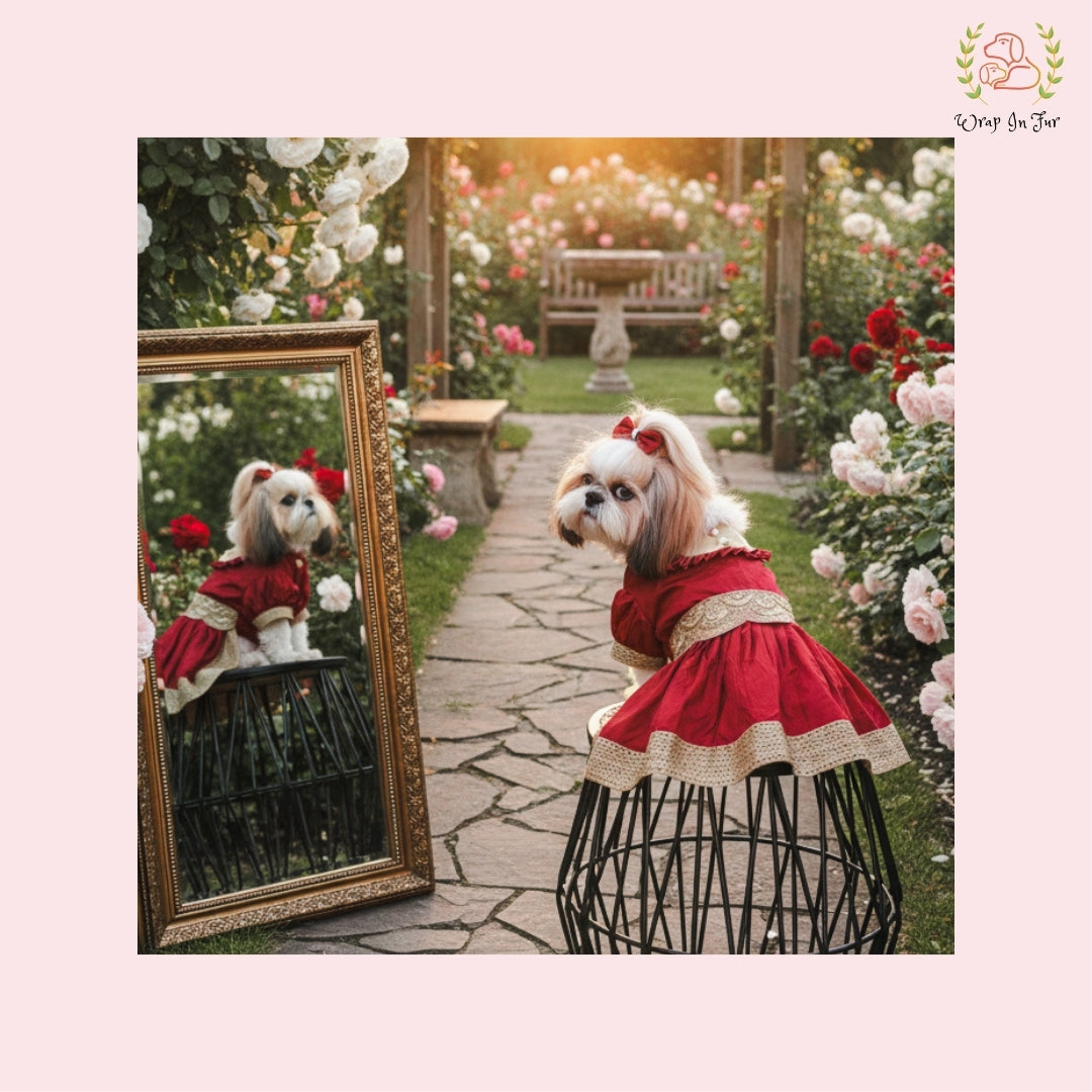 Red Royal Festive Dog Dress – Premium Ethnic Party Wear for Dogs