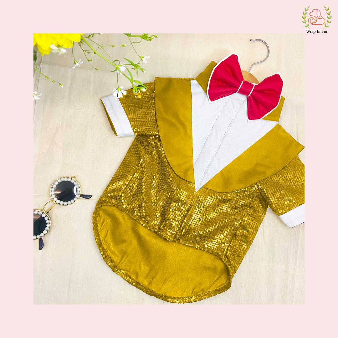 Yellow Dog Tuxedo with red bow