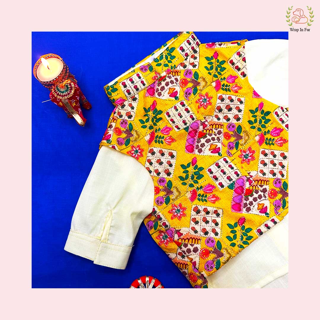 Yellow Printed Jacket Kurta Set for dog