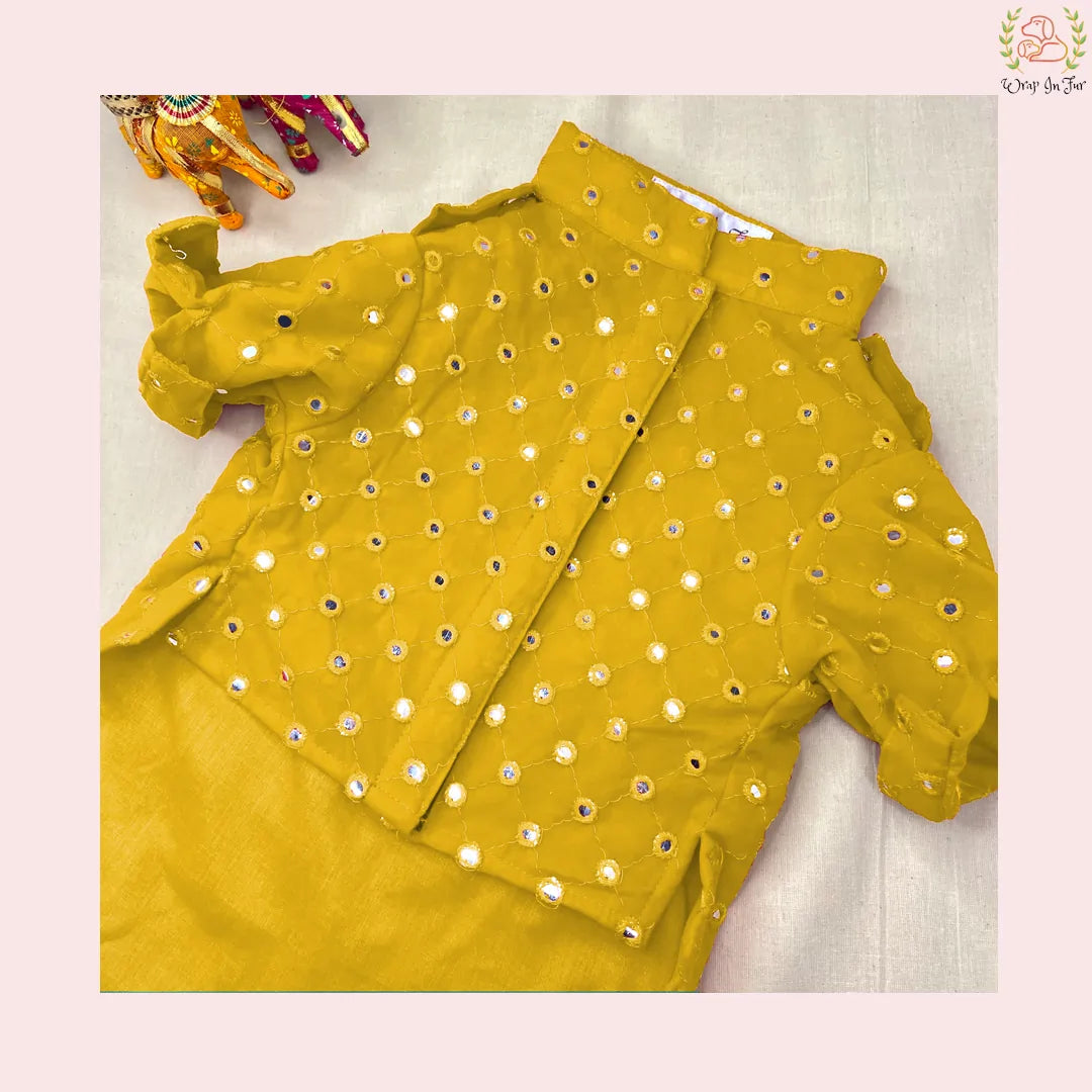 Yellow Mirror Work Dog Kurta with Green Dupatta - Indian Dog Ethnic Wear