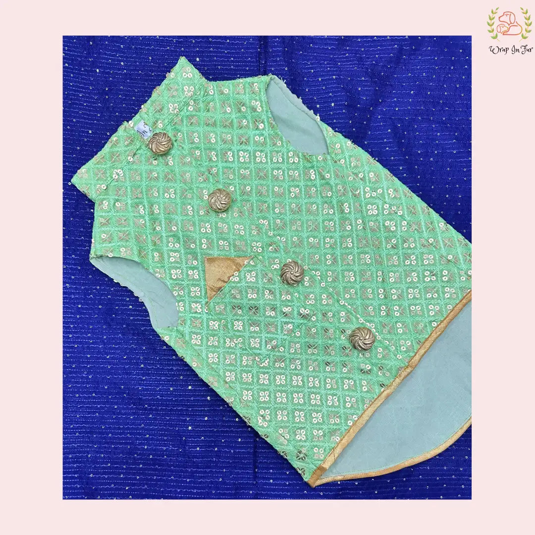 Wedding Green Golden Dog Sherwani for small dogs