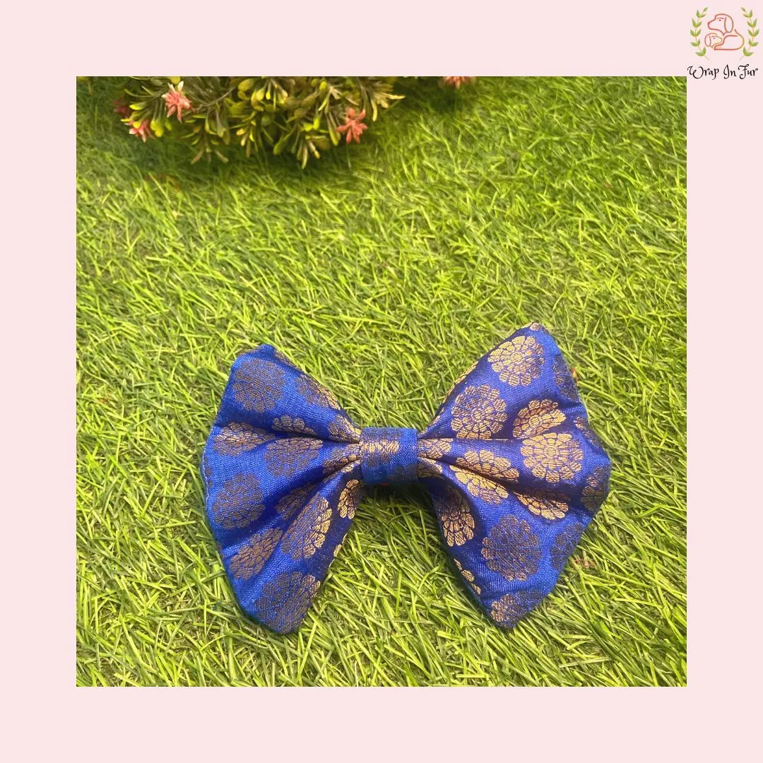 Blue Golden Festive Bow - Luxury Brocade Dog Hair Bow Accessory