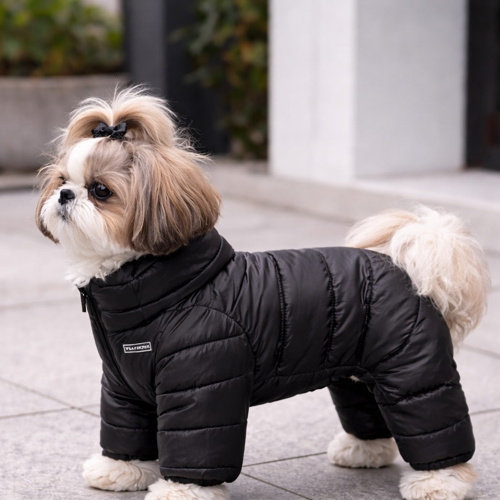 Small dog wearing a black puffer coat standing on a tiled pavement.