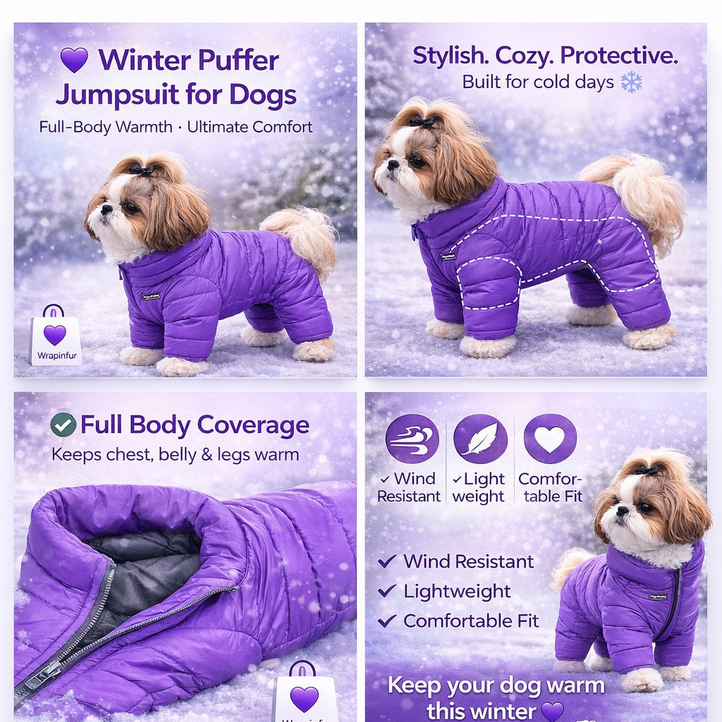 Purple dog puffer jumpsuit with text highlighting features on a white background