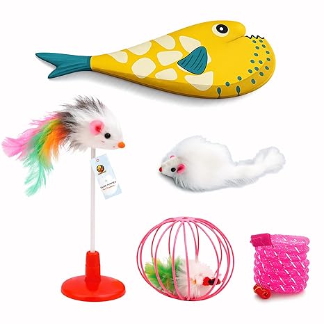 5-Piece Cat Toy Combo Set with Blowfish, Mice & Spring Toys