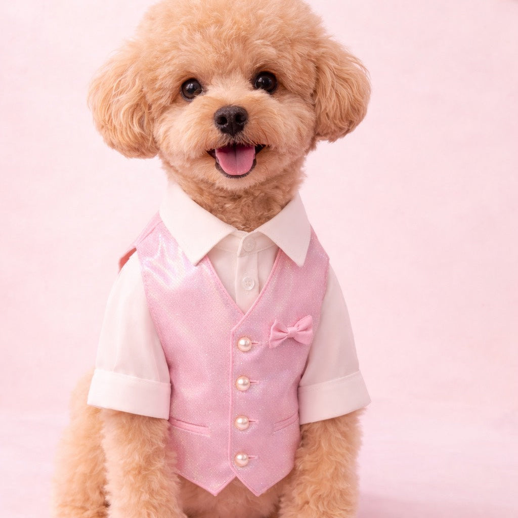 Small dog wearing a pink vest and white shirt on a pink background