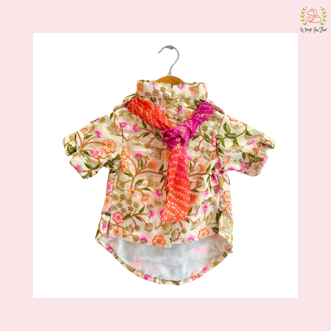 Beige Floral Embroidered Dog Kurta Dress with Dupatta - Indian Dog Ethnic Wear