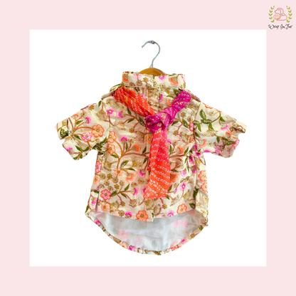 Beige Floral Embroidered Dog Kurta Dress with Dupatta - Indian Dog Ethnic Wear