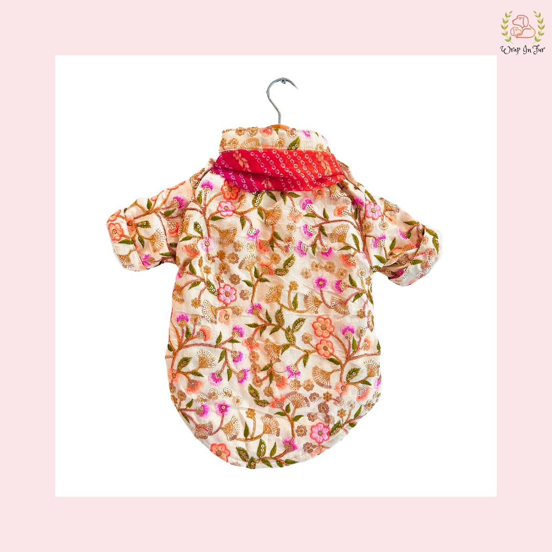 Beige Floral Embroidered Dog Kurta Dress with Dupatta - Indian Dog Ethnic Wear