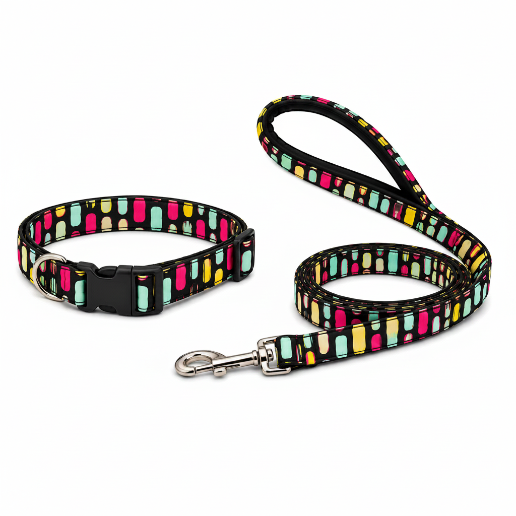 Black Multicolor Dog Collar with Leash