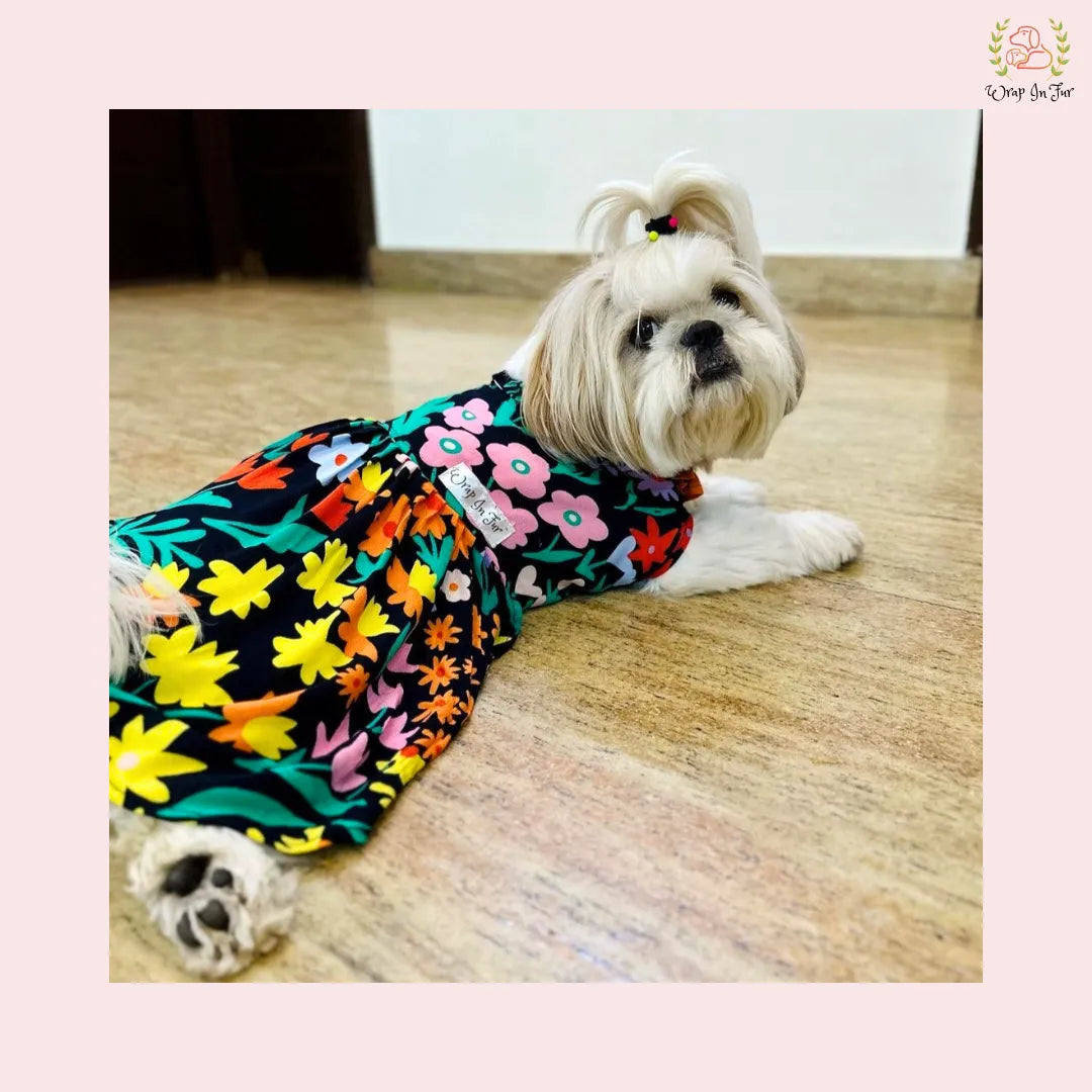 Black Floral Dog Princess Dress - Vibrant Summer Party Frock