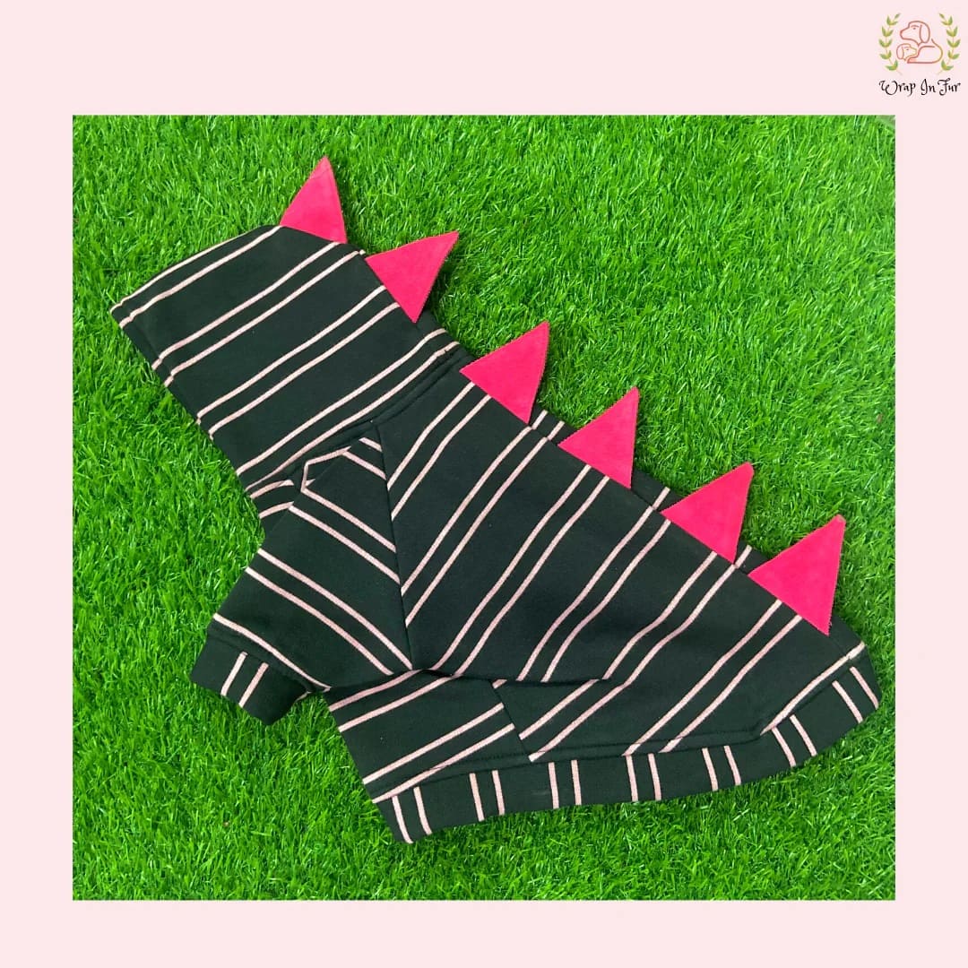 Black Pink Dino Dog Hoodie – Cute Spiky Dinosaur Winter Wear