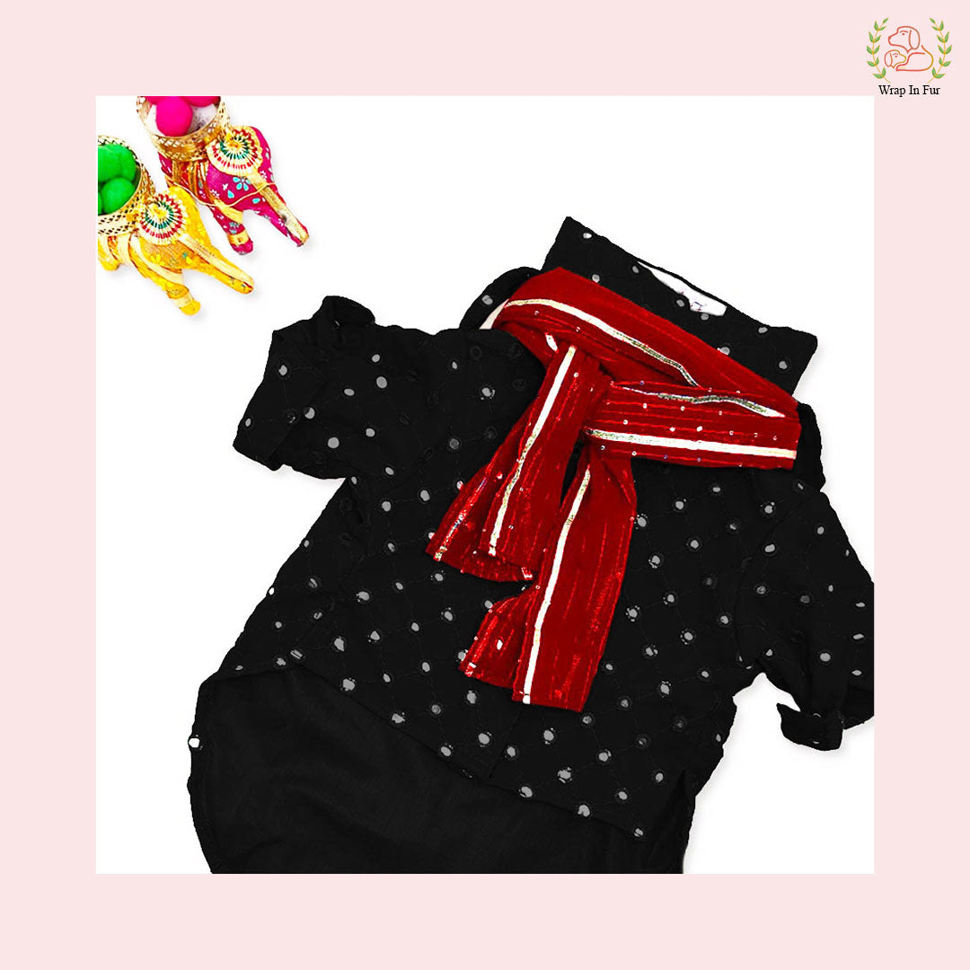 Black & Red Mirror Work Dog Kurta Set - Indian Dog Ethnic Wear
