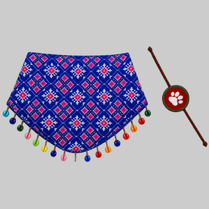 Blue Ethnic Dog Bandana with Paw Rakhi