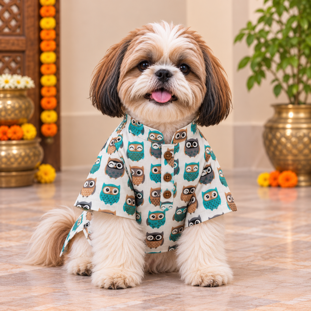 Blue Owl Print Dog Kurta