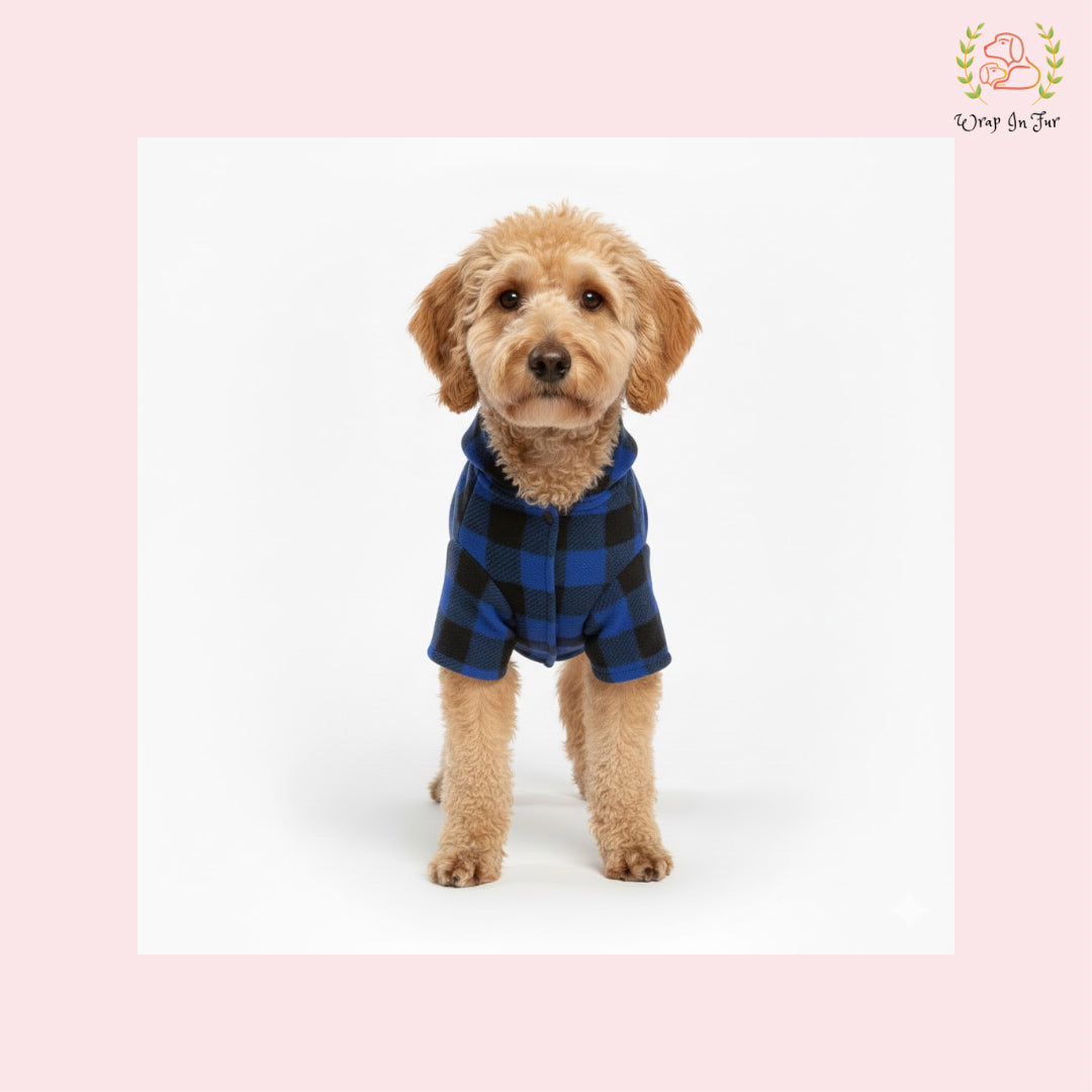 Blue & Black Plaid Dog Winter Hoodie – Warm Dog Winter Wear