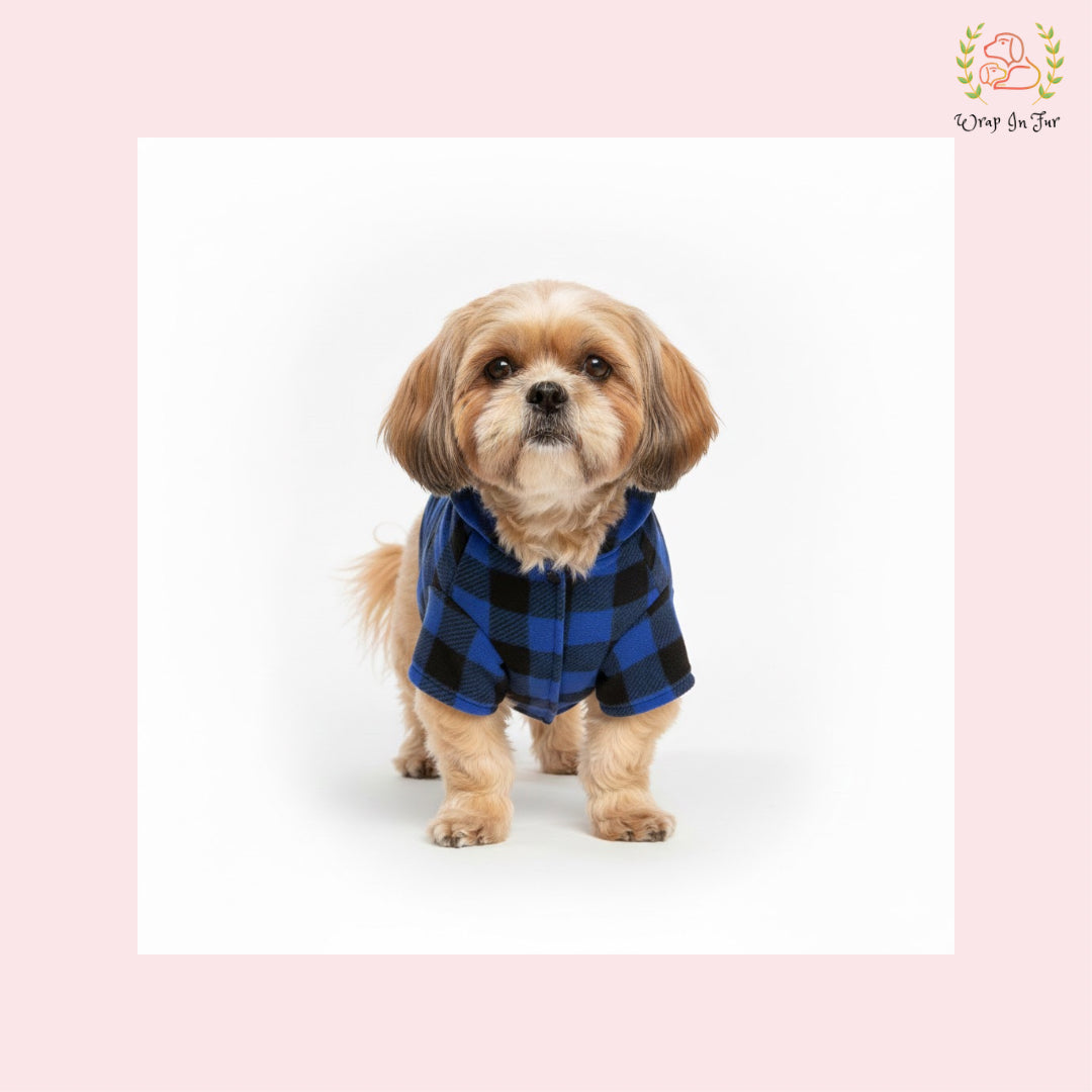 Blue & Black Plaid Dog Winter Hoodie – Warm Dog Winter Wear