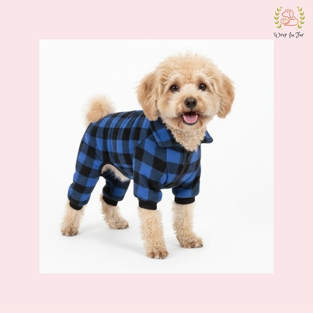 Blue & Black Plaid Dog Winter Jumpsuit – Warm Dog Winter Wear