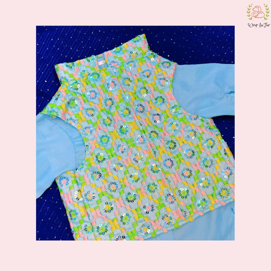Blue Bling Sequin Dog Kurta Set - Indian Pet Ethnic Wear Dress
