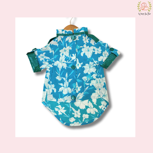 Blue Floral Dog Kurta - Sequined Indian Dog Ethnic Wear Dress