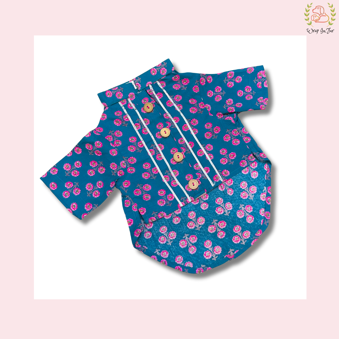 Blue Floral Dog Kurta - Teal Indian Dog Ethnic Wear Dress