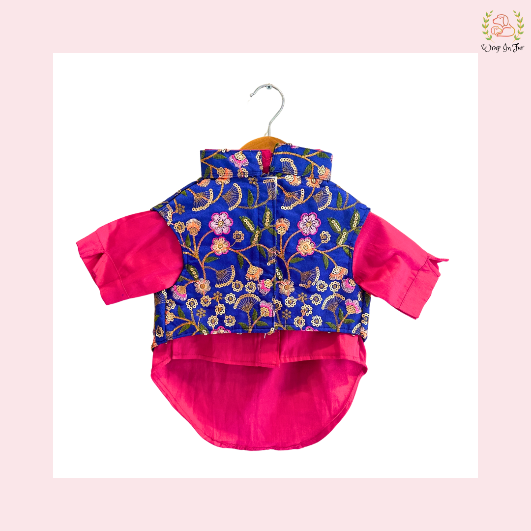 Blue Floral Pink Dog Kurta Jacket Set - Premium Indian Dog Ethnic Wear
