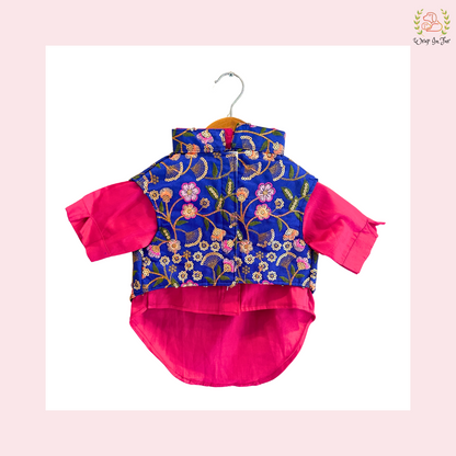 Blue Floral Pink Dog Kurta Jacket Set - Premium Indian Dog Ethnic Wear