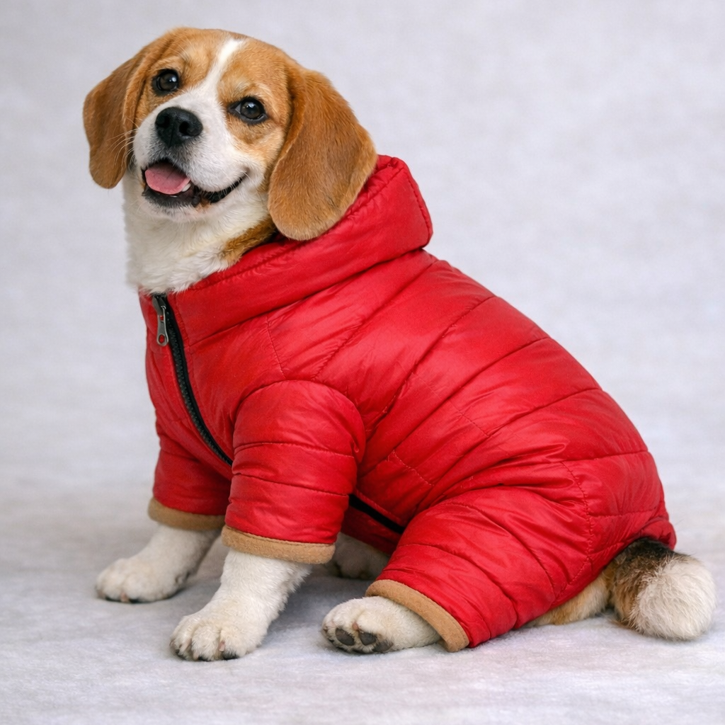 Dog wearing a red puffer coat on a light gray background