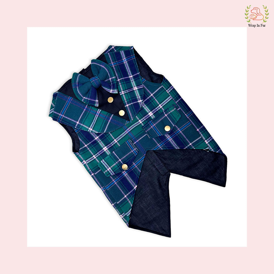 Chic Green Plaid Dog Tuxedo Vest - Formal Wedding Suit