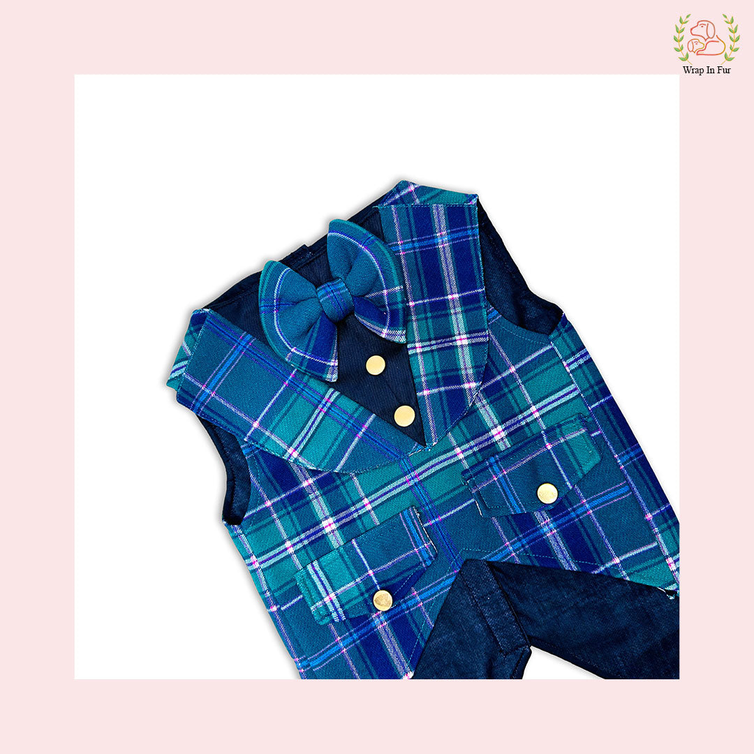 Chic Green Plaid Dog Tuxedo Vest - Formal Wedding Suit