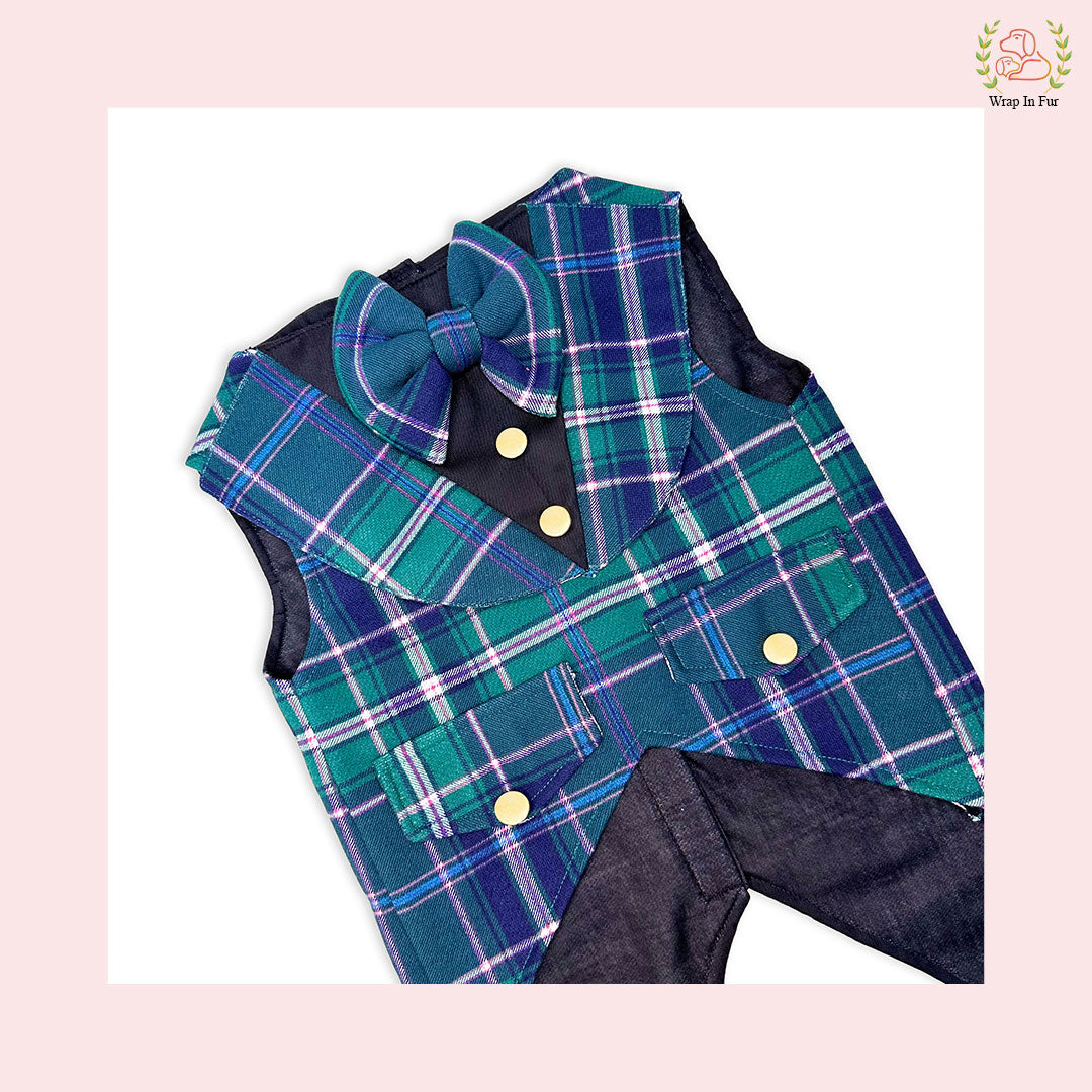 Chic Green Plaid Dog Tuxedo Vest - Formal Wedding Suit