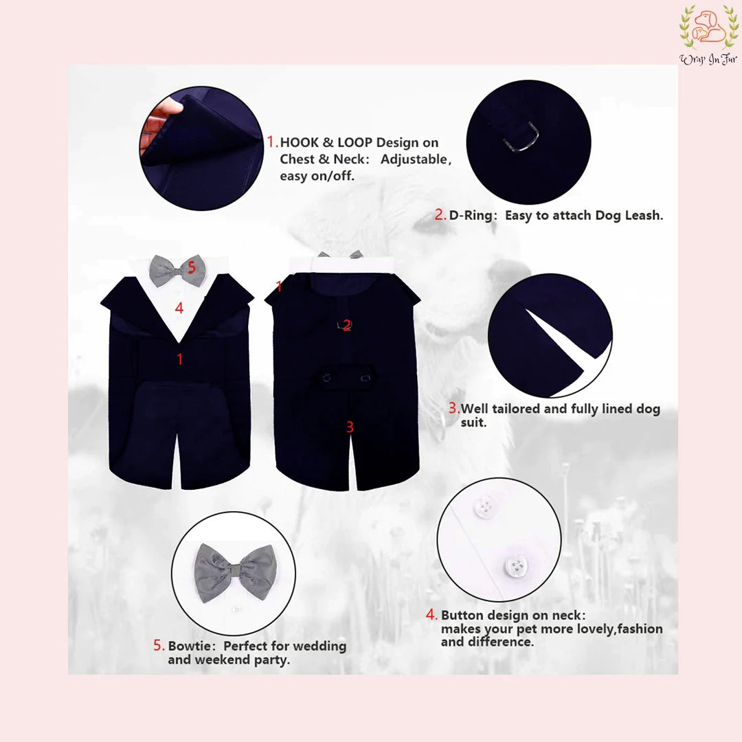 Classic Navy Blue Dog Tuxedo Cape - Formal Wedding Vest