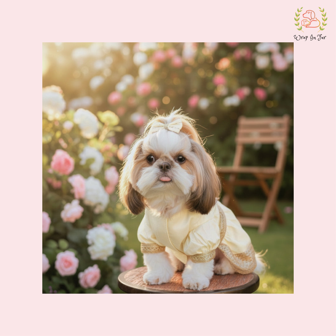 Cream Royal Festive Dog Dress – Premium Ethnic Party Wear for Dogs