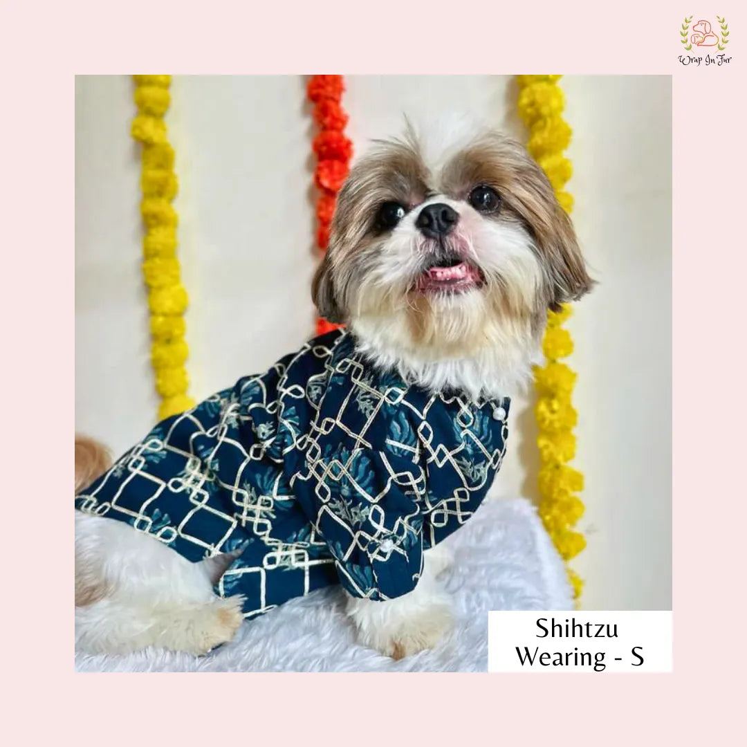Dark Blue Geometric Dog Kurta - Royal Indian Dog Ethnic Wear