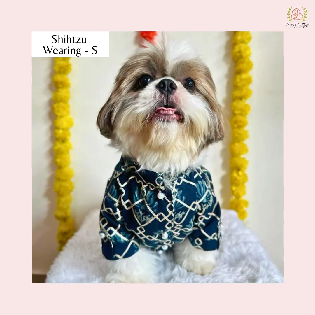 Dark Blue Geometric Dog Kurta - Royal Indian Dog Ethnic Wear